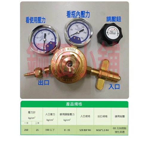 ☆°鋼瓶小舖” 台製精品 TIREN銅製氧氣錶蝶牙式調壓閥 壓力調整器